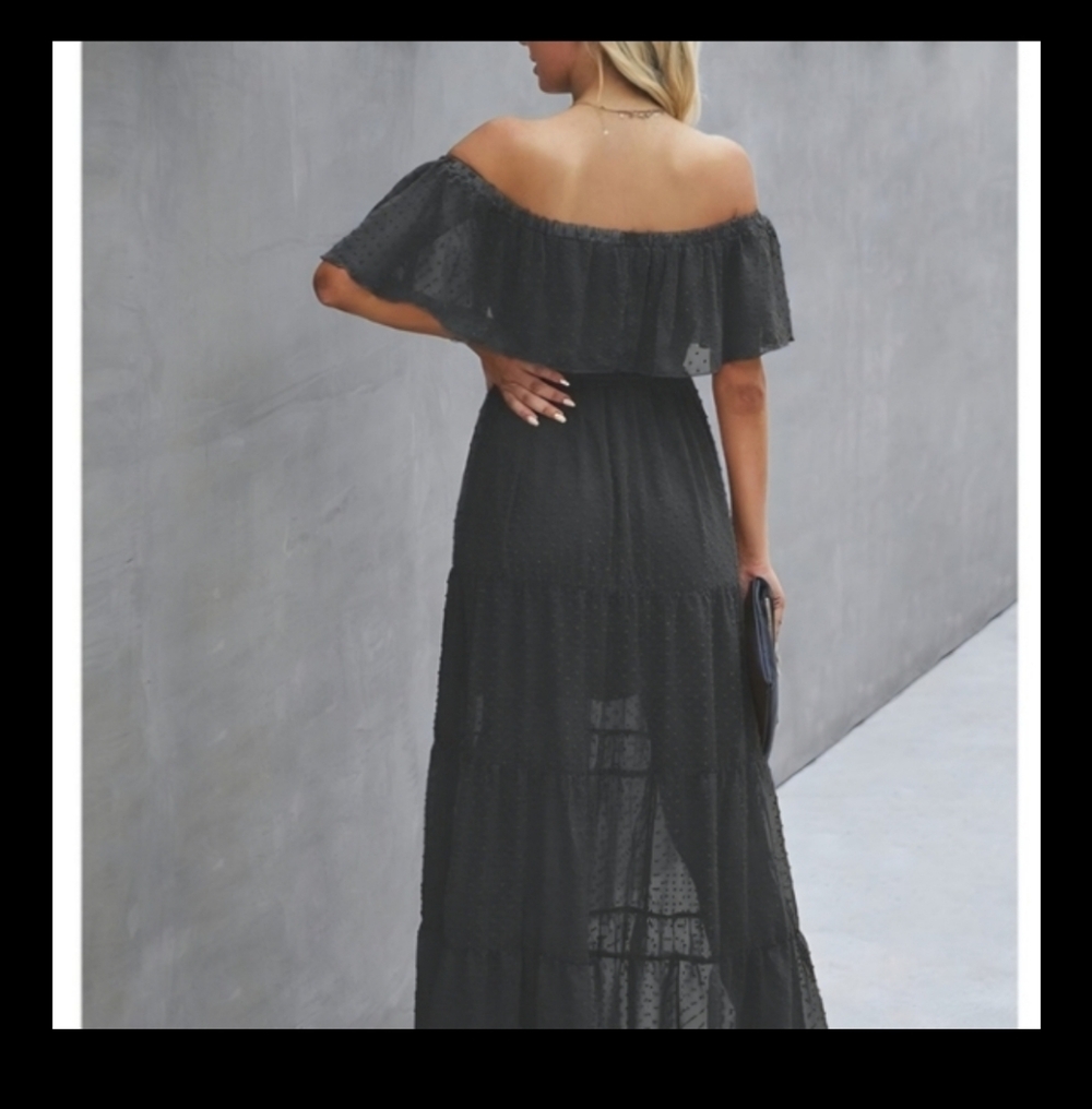 Black Summer Off-Shoulder Maxi Dress Sheer - Picture 8 of 9